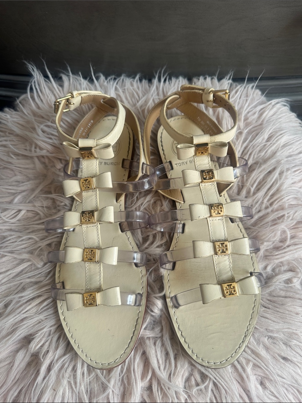 Tory Burch Cream and Clear Bow-Strap Sandals with Gold Logo